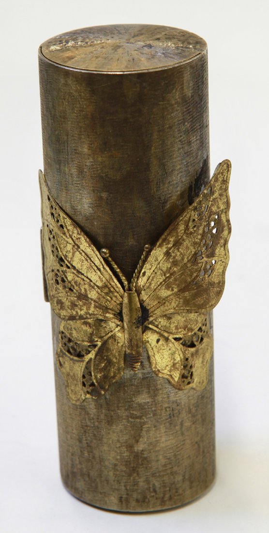 Tiffany and Co. sterling gilt lipstick case, 2.69 troy: Tiffany and Co. sterling and gilt lipstick case, having a satin finished exterior with applied butterfly, opening to high polish gilt interior, marked Tiffany and Co. 925 sterling, Italy, 3.5"l x 1.25