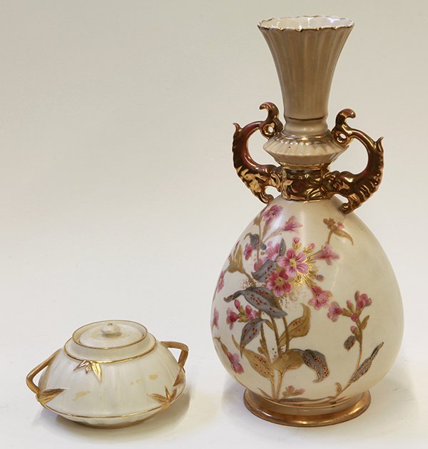 Royal 'Worcester and Austrian porcelain vase: (lot of 2) Continental porcelain group, consisting of a Royal Worcester covered sugar bowl in cream with applied and raised bamboo leaf decoration having gilt highlights, together with an Austrian vas