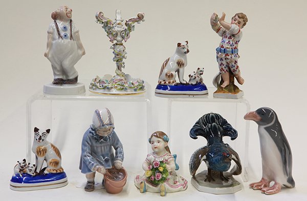 Continental porcelain figures by Samson, Rosenthal,: (lot of 9) Continental porcelain figures by Samson, Rosenthal, Royal Copenhagen, and B & G, mostly of children and animals, tallest 4"h