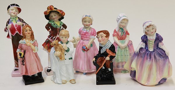 Royal Doulton porcelain figures of children: (lot of 8) Royal Doulton porcelain figures of children, consisiting of 'Tiny Tim,' 'Sleepy Head,' 'Dinky Do,' 'Tootles,' 'Pearly Girl,' 'Pearly Boy,' 'Little Nell,' and 'Tinkle Bell,' tallest 5.75"h