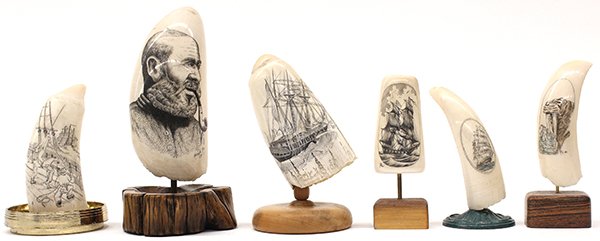 Collection of scrimshaw: (lot of 6) Collection of scrimshaw teeth having incised decoration depicting a smoking sailor, a walrus, two with ships and a ship crew hoisting a sail, largest: 5.5"h