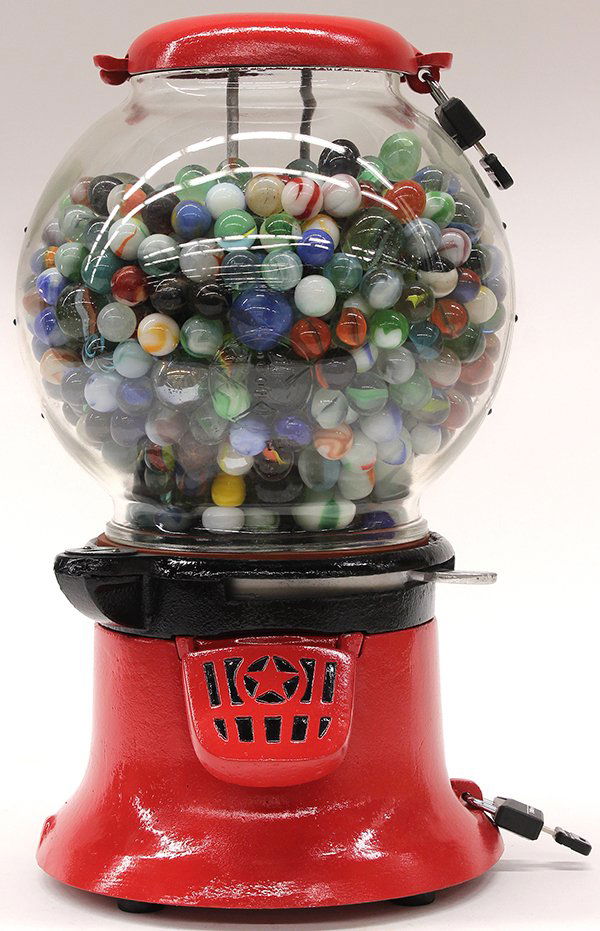 Vintage cast iron bubble gum machine: Vintage cast iron bubble gum machine, the cast iron base painted red and black, with clear glass globe containing marbles, 14"h. Provenance: The Jeff Sahadi collection