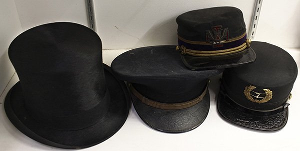 Antique gentelmen's hats: (lot of 4) Antique gentelmen's hats, consisting of a beaver top hat with box, a cap for a 32nd degree Mason sold by the Hub in Oakland Ca., a similar cap with a wreath and '7' insignia, together with 