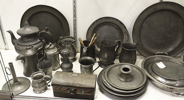 English and American pewter: (lot of 29) English and American pewter, including (3) antique English pint tankards, (5) plates, the largest of which is 9.5"dia, and an L.C. Lewis tea pot, 9.5"h, together with an American tin docum