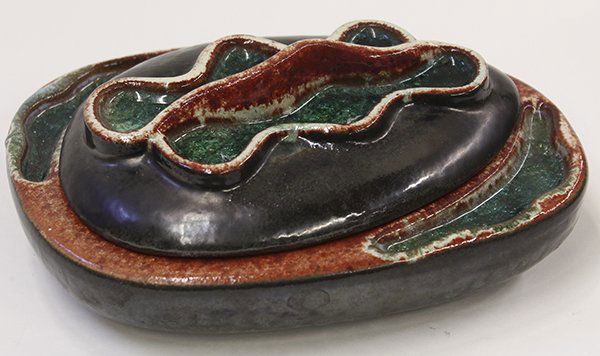 Mid Century Design Technics ceramic covered vessel: Mid Century Design Technics ceramic covered vessel, executed in mixed glazes, the organic form with emerald crystalline reserves rising on a conforming footed base, incised Design- Technics above DT l