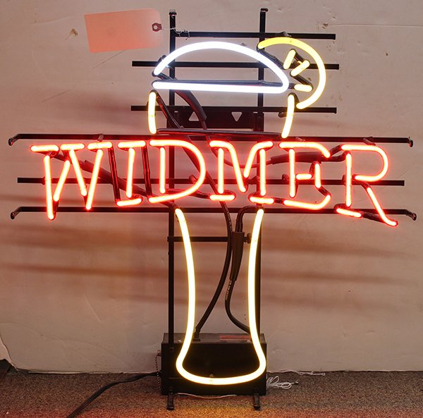 Widmer neon advertising bar sign: Widmer neon advertising bar sign, for Widmer Brewery of Portland, Oregon, one of the first micro-breweries in Oregon, 26"h x 27"w. Provenance: The Jeff Sahadi collection
