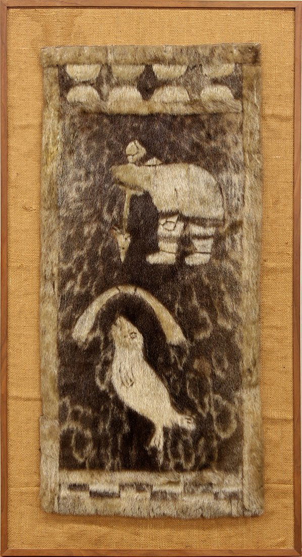 Native Eskimo seal skin panel: Native Eskimo seal skin panel, depicting a seal being pursued by a hunter, sight: 34"h x 16"w