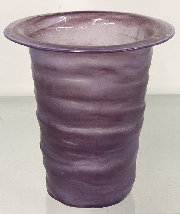 Vintage pressed art glass vase: Vintage pressed art glass vase, the everted rim set on a slightly tapered cylindrical form with ribbing, finished in amethyst with a matte exterior, polished interior, and ground pontil 6"h
