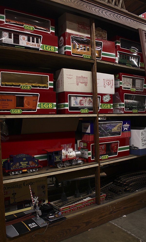 L.G.B. model train cars: Eight shelves of L.G.B. 1991 model train cars, most in original boxes, for Wilson Brothers Combined Shows, including cars for animal, such as elephants, tent and suppy car, one reading "L.G.B. Model R