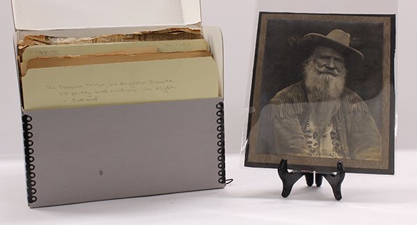 Archive of items relating to Joaquin Miller: (Lot of 2) Archive of items relating to Joaquin Miller, including a 1913 sepia tone photo of Miller dressed in a native beaded vest, by Major Moorhouse,(Thomas Leander Moorhouse 1850-1926), 8 x 10 a n