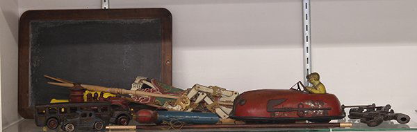 Vintage toys and cards: (lot of 22) Vintage toys and cards, including Bruno tin lithographic climbing monkey by Lindstrom Toys, a tin wind up toy bumper car with two riders, circa 1930, 4.5"h x9"l x 5"w; a toy walking stick