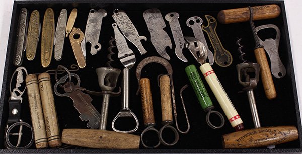 One tray of associated promotional bottle openers and: (lot of 28) One tray of associated promotional bottle openers and pen knives relating to Oakland, California, including a figural Pepsi bottle opener, (2) gold plated pocket knives, (4) pocket knives 