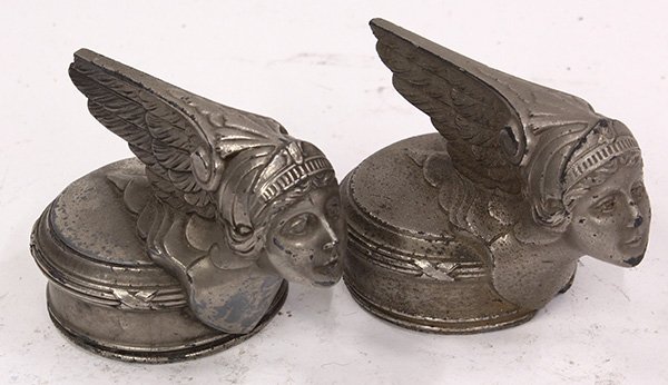 Pair of 1928 Buick radiator covers, the car mascots: Pair of 1928 Buick radiator covers, the car mascots possibly Valkyrie, 3"h x 4.5"l. Provenance: The Jeff Sahadi collection