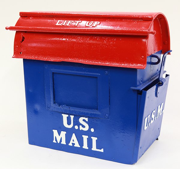 Die-cast metal US Mail box: Die-cast metal US Mail box, paint restored in red white and blue, 14.5"h x 15"w x 9"d. Provenance: The Jeff Sahadi collection
