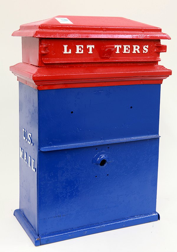 Die-cast metal US Mail box: Die-cast metal US Mail box, paint restored in red white and blue, 22"h x 15"w x 8"d. Provenance: The Jeff Sahadi collection