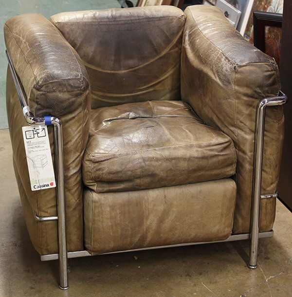 Cassina LC2 chair: Cassina LC2 chair, designed by Le Corbusier, Pierre Jeanneret, and Charlotte Perriand. executed with chromed metal tube frame and leather upholstered cushions, 26"h x 30"w x 26"d