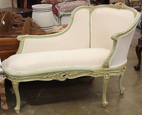 Rococo style meridienne: Rococo style meridienne, having a carved crestrail continuing to the acanthus carved returns, and rising on cabriole legs, 38"h x 56"w x 29"d