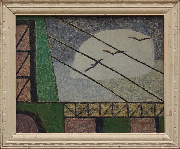 Painting, Abstract View with Birds: American School (20th century), View with Birds over the Bridge, oil on board, signed "Jane Asne" lower right, overall (with frame): 19.75''h x 23.75''w