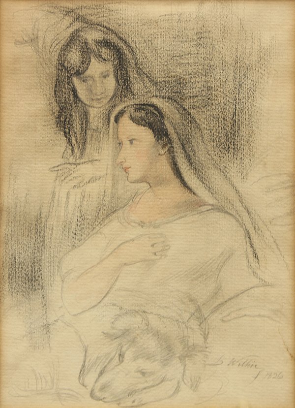 Drawing, David Wilkie: David Wilkie (British, 1785-1841), Mother and Daughter with Dog, 1826, pencil, charcoal, and watercolor on paper, signed and dated lower right, sight: 7.625"h x 5.5"w, overall (with frame): 12.625"h x