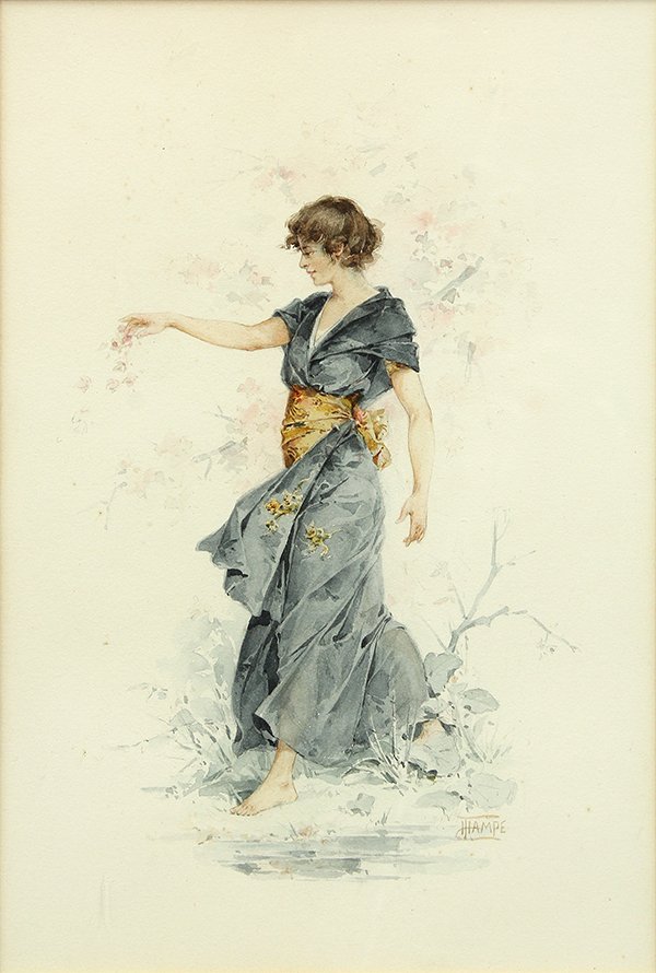 Watercolor, Theodore Michael Hampe, Woman in a Blue: Theodore Michael Hampe (Californian, 1877-1965), Woman in a Blue Wrap, watercolor, signed lower right, sight: 10.5"h x 11.25"w, overall (with frame): 15.625''h x 12.125''w