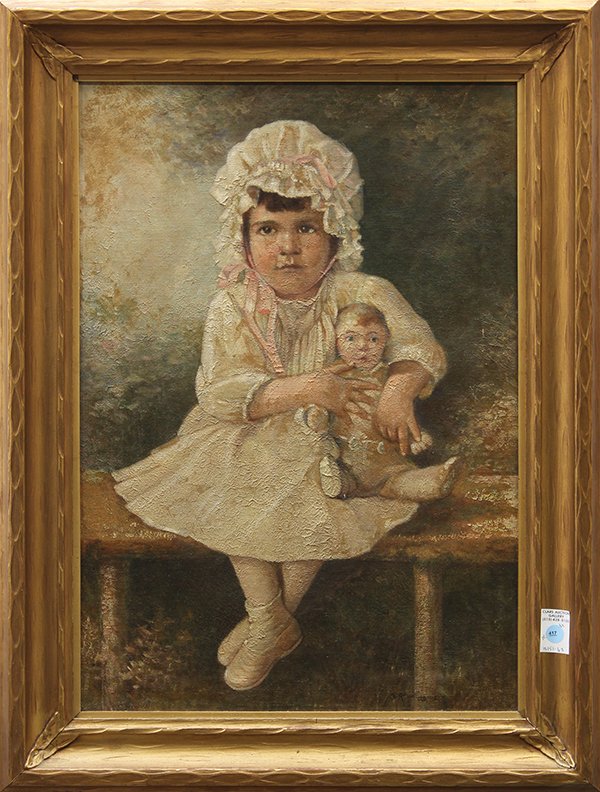 Painting, Charles Russell Loomis: Charles Russell Loomis (American, 1857-1936), Portrait of a Young Girl with a Doll, oil on canvas, signed lower right, sight: 26"h x 18"w, overall (with frame): 32.25"h x 24"w