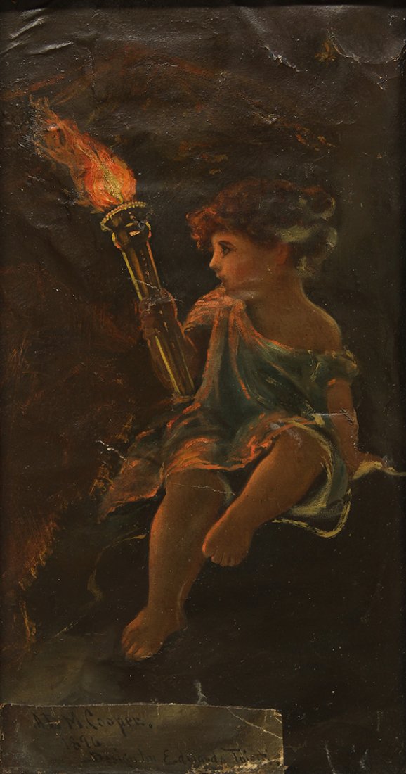 Painting, ADM Cooper, Child with Torch, 1896: Astley David Middleton (ADM) Cooper (American, 1856-1924), Child with Torch, 1896, oil on canvas (trimmed), signed and dated lower left, overall (with frame): 31.5"h x 19.5"w