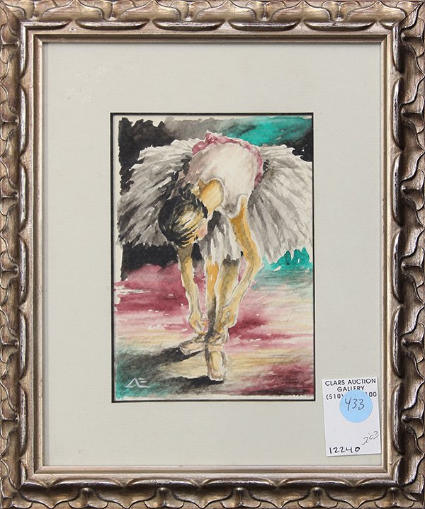 Watercolors, Ballerina & Reclining Nude: (lot of 2) Ballerina & Reclining Nude, watercolors, one initialed "AE" lower left and one signed indistinctly "Valerie Powell" lower right, 20th century, largest overall (each framed): 11.75"h x 9"w