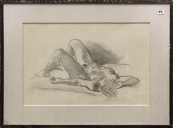 Drawing, Moses Soyer, Nude Lying on Bed: Moses Soyer (American, 1899-1974), Nude Lying on Bed, charcoal drawing, signed lower left, overall (with frame): 19.75"h x 27"w