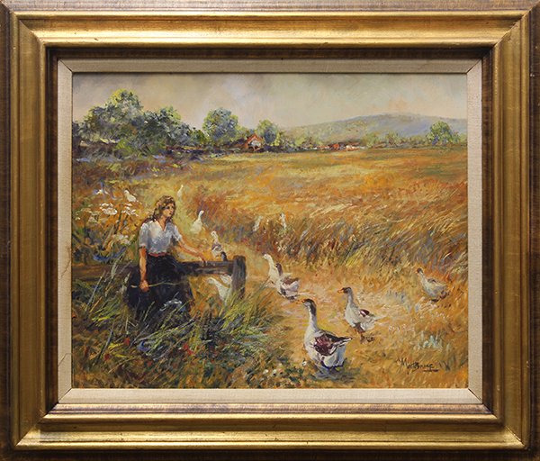 Painting, Matt Bruce, Girl with Geese: Matt Bruce (British, 1915-2000), Girl with Geese, oil on canvas board, signed lower right, overall (with frame): 23"h x 26.75"w