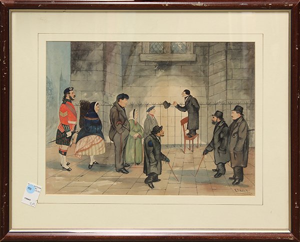 Watercolor, British School (20th c.), Street Scene with: British School (20th century), Street Scene with Figures, watercolor, signed "E D Holt" lower right, overall (with frame): 19.75"h x 25.75"w