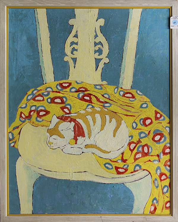 Painting, Suzanne Blickman, Cat Sleeping on a Chair: Suzanne Blickman (American, 20th century), Cat Sleeping on a Chair, oil on canvas, signed left center, overall (with frame): 30.25"h x 25.25"w