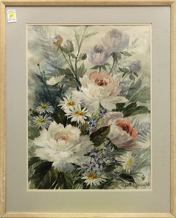 Watercolor, Robert Laessig, Still Life with Flowers.: Robert Laessig (American, 1913-2010), Still Life with Flowers, 1960, watercolor, signed and dated lower right, overall (with frame): 31.25"h x 25.25"w