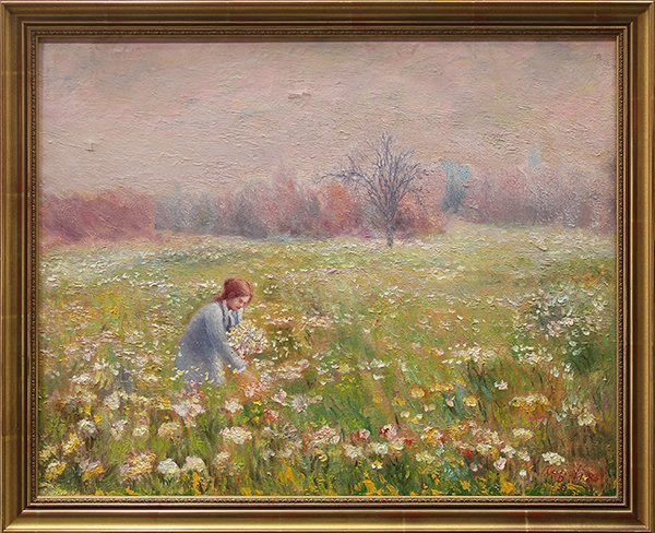 Painting, Raphael Arcilla, Lady Picking Flowers, 1985: Raphael Arcilla (American, 20th century), Lady Picking Flowers, 1985, oil on canvas, signed and dated lower right, overall (with frame): 27.25"h x 33"w