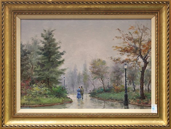 Painting, Franco Colella, Park Scene with Figures: Franco Colella (Italian, 1900-1981), Park Scene with Figures, oil on canvas, signed lower left, overall (with frame): 26"h x 34"w