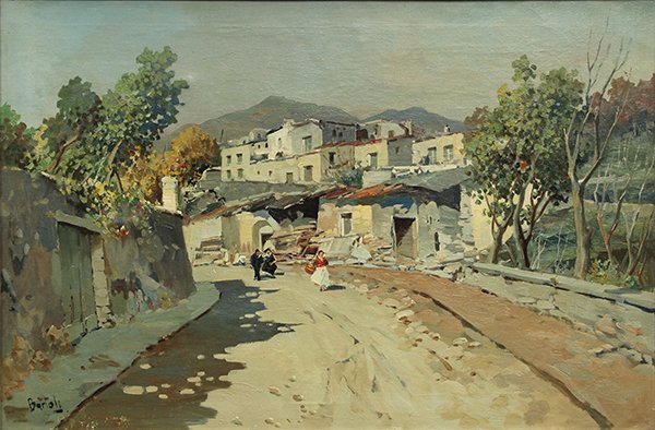 Painting, Jose Bartoli, Village Street Scene with: Jose Bartoli (American/Mexican, 1910-1995), Village Street Scene with Figures, oil on canvas, signed lower left, canvas: 24"h x 36"w