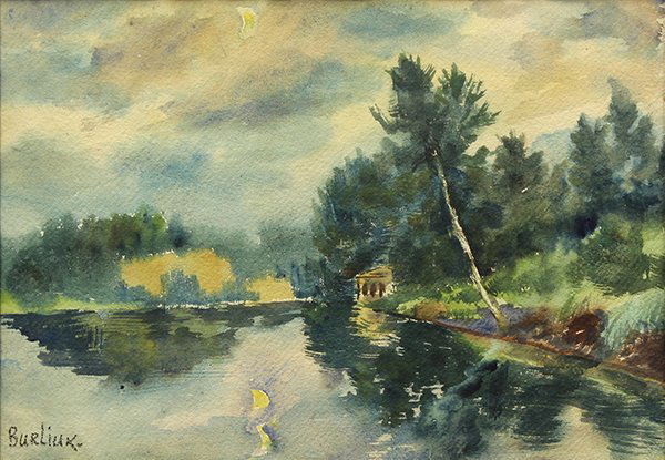 Watercolor, David Davidovich Burliuk: David Davidovich Burliuk (American/Ukrainian, 1882-1967), Neoclassical Temple Overlooking a River, watercolor, signed lower left, sight: 9.75''h x 13.75''w, overall (with frame): 17.25''h x 21.25''w