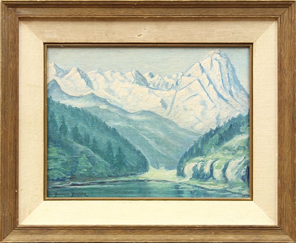 Belmore Browne, Snow Capped Peaks, oil on canvas: Belmore Browne (American/Canadian, 1880-1954), Snow Capped Peaks, oil on board, signed lower left, board: 12"h x 16"w, overall (with frame): 18.5"h x 22.5"w