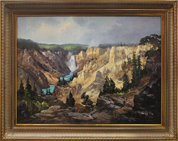 Painting, Robert Perkins: Robert Perkins (American, 20th century), "Yellowstone Canyon," oil on canvasm, signed lower right, overall (with frame): 38.25''h x 48''w