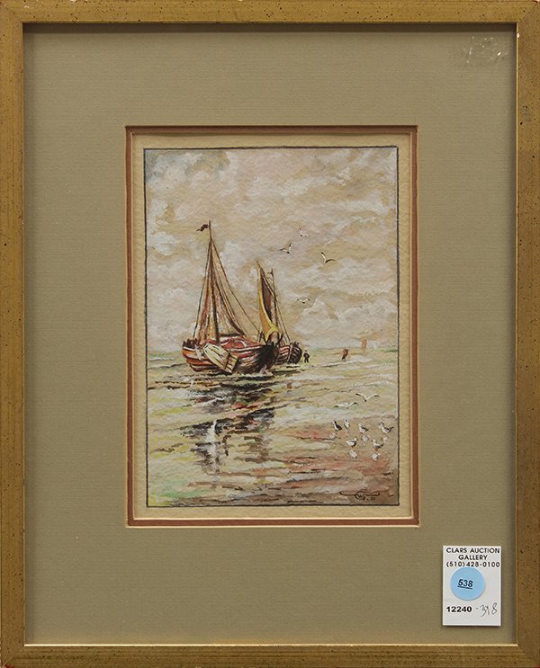 Watercolor, Fishing Boats at Low Tide: Continental School (20th century), Fishing Boats at Low Tide, 1939, watercolor, initialed ''G.W.'' and dated lower right, overall (with frame): 14.75''h x 11.75''w