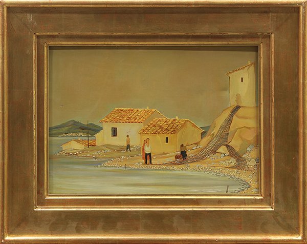 Painting, Max Savy: Max Savy (French, 1918-2010), ''Le bord de l'étang,''oil on board, signed lower right and verso, overall (with frame): 14.5''h x 18''w