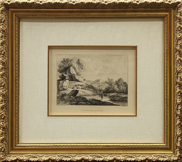 Print, After Thomas Gainsborough: After Thomas Gainsborough (British, 1727-1788), Figures Fishing in an Idylic Landscape, 1804, lithograph, published by J Laporte and W. F. Wells, overall (with frame): 22.75''h x 25.5''w