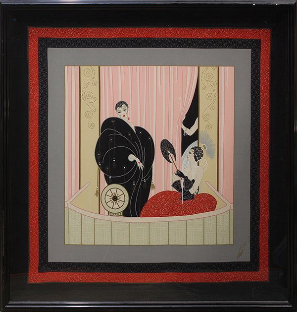 Silk scarf, After Erte: After Erte (Romain de Tirtoff) (Russian/French/American, 1892-1990), Two Art Deco Models, silk scarf, bears signature lower right, overall (with frame): 37.5"h x 36"w