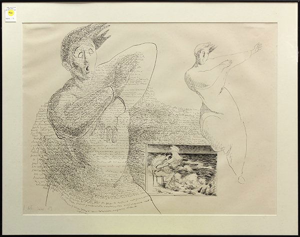 Drawing, Surreal Scene: Surreal Scene with Two Figures and a Man Reading in the Wind, 1983, pen and ink drawing, pencil signed indistinctly (H. de F. Jain?) lower left, overall (with frame): 27.5"h x 35"w
