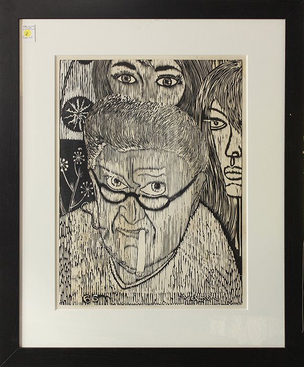 Print, Paul Beckman, Self Portrait with Problems: Paul Beckman (American, 20th century), "Self Portrait with Problems," 1966, woodblock with gouache, pencil signed lower right and dated, titled lower left, overall (with frame): 37"h x 31"w