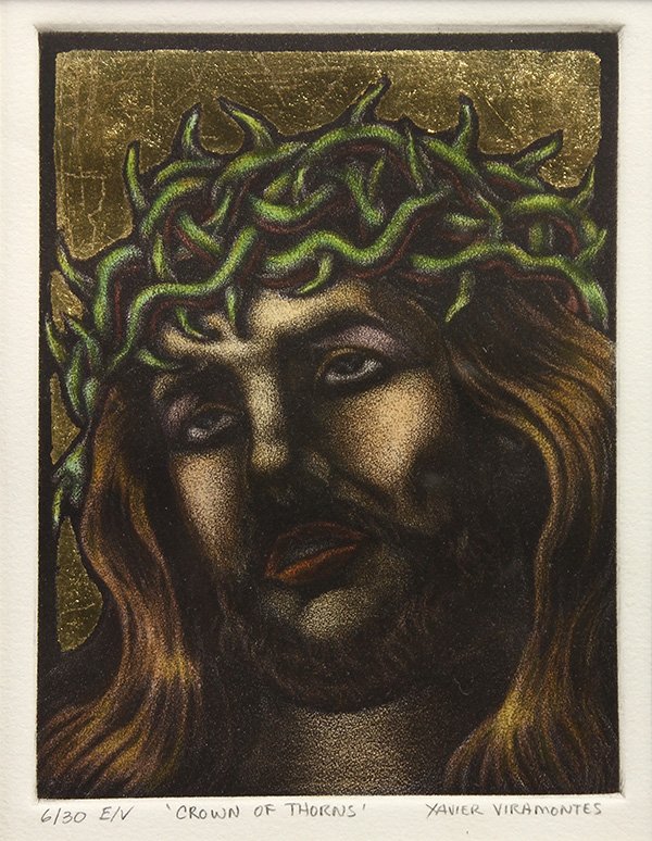 Print, Xavier Viramontes, Crown of Thorns: Xavier Viramontes (American, contemporary), "Crown of Thorns," hand colored etching with gold leaf, edition 6/30 EV, pencil signed lower right, titled center, sight: 8.5"h x 6.5"w, overall (with frame