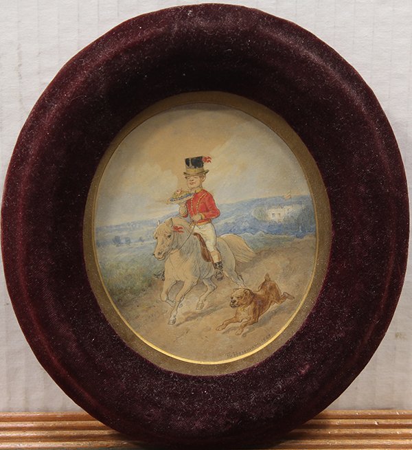 Watercolor, Theodor Hosemann: Theodor (Fried. Wilhelm Heinrich Th.) Hosemann (German, 1807-1875), Boy in Fancy Dress riding a White Horse Holding Flowers, watercolor and pencil, signed lower right, sight: 4.5"h x 3.5"w, overall (w