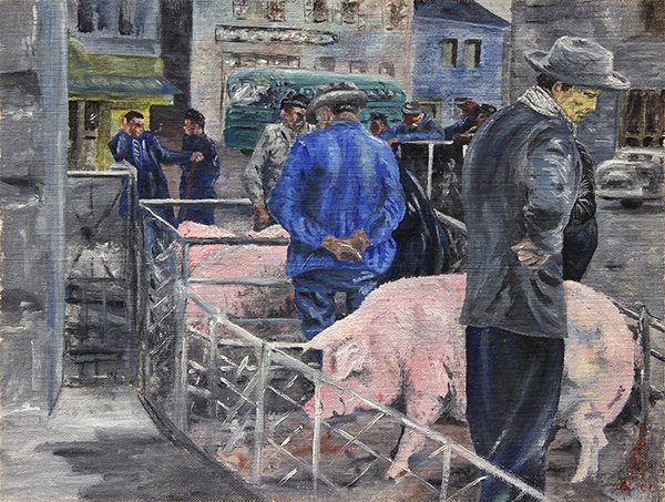 Paintings, R. Dupiton: (lot of 3) Red House, by R. Dupiton (French, 20th century), oil on panel, "Pig Auction, France" by French School (20th century), oil on panel, and South American Woman with Gold Earrings, by Jose Ramo