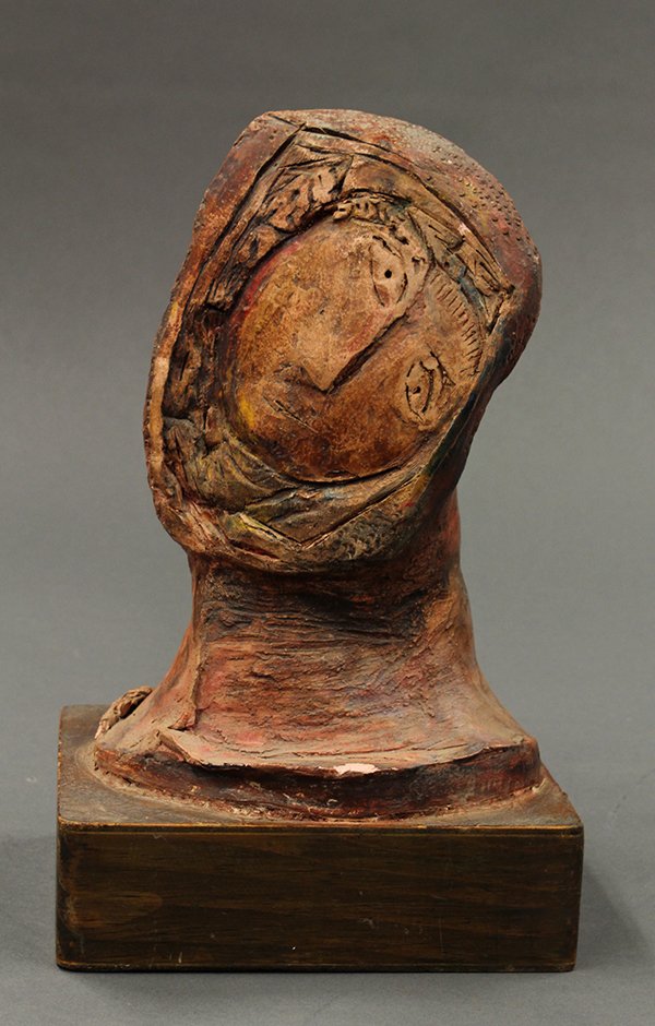 Sculpture, Theodore C. Polos, Untitled: Theodore C. Polos (Californian, 1901-1976), Untitled, ceramic sculpture atop a wooden base, signed verso, overall: 10"h x 6"w x 4.75"d