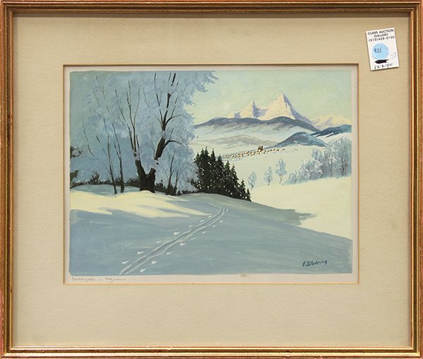 Painting, Berchtesgaden und Watzmann: German School (20th century), "Berchtesgaden und Watzmann," oil on paper, signed indistinclty lower right, "E. Wodrick," titled lower left, overall (with frame): 16"h x 19"w