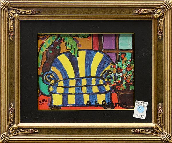 Print, A.E. Barnes: A.E. Barnes (American, 20th century), "Grandma's Couch," offset print, ink signed "A.E. Barnes," edition CCXCIII/CCXCV, overall (with frame): 14.75"h x 17.5"w